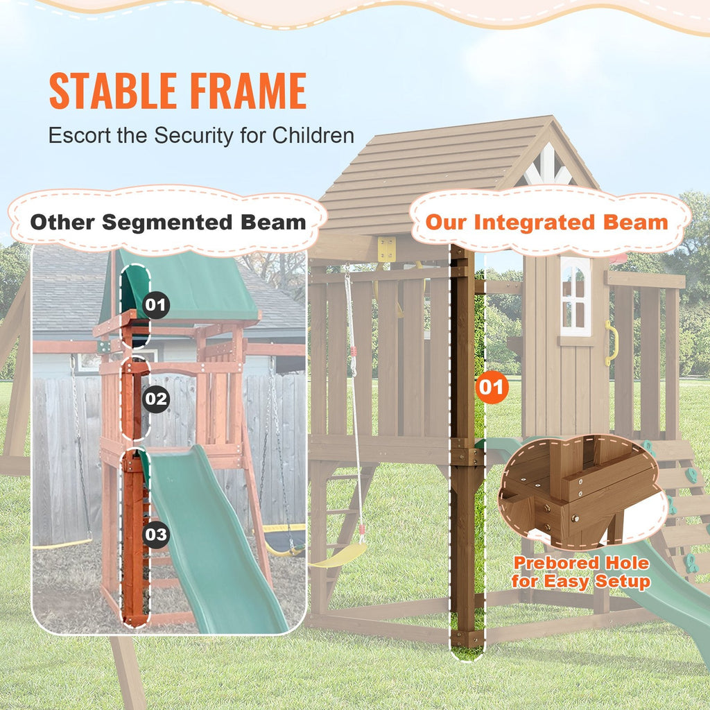 10 - in - 1 Wooden Swing Set for Backyard | Cedar Playset with Slide, Fort, Sandbox, Scaling Ladder & Kitchen Toys - Hippopotamus Barn