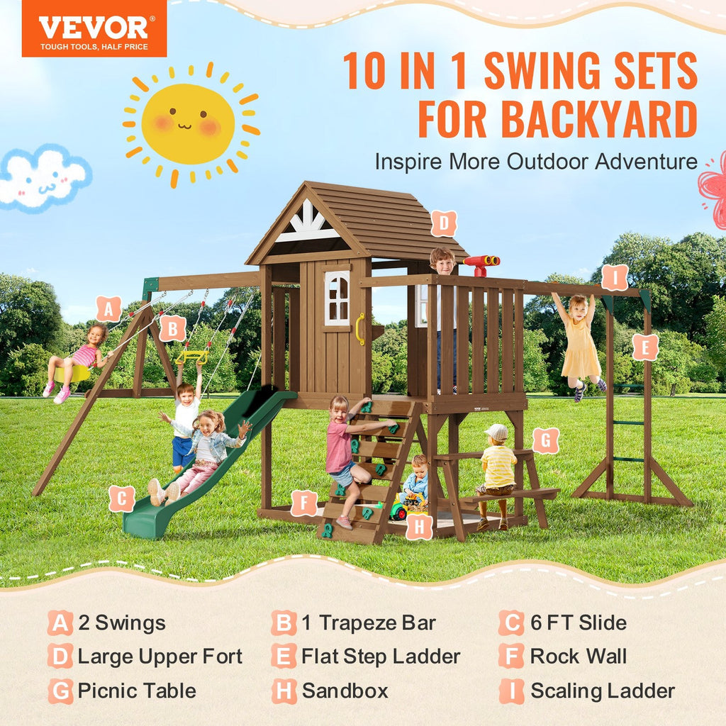 10 - in - 1 Wooden Swing Set for Backyard | Cedar Playset with Slide, Fort, Sandbox, Scaling Ladder & Kitchen Toys - Hippopotamus Barn