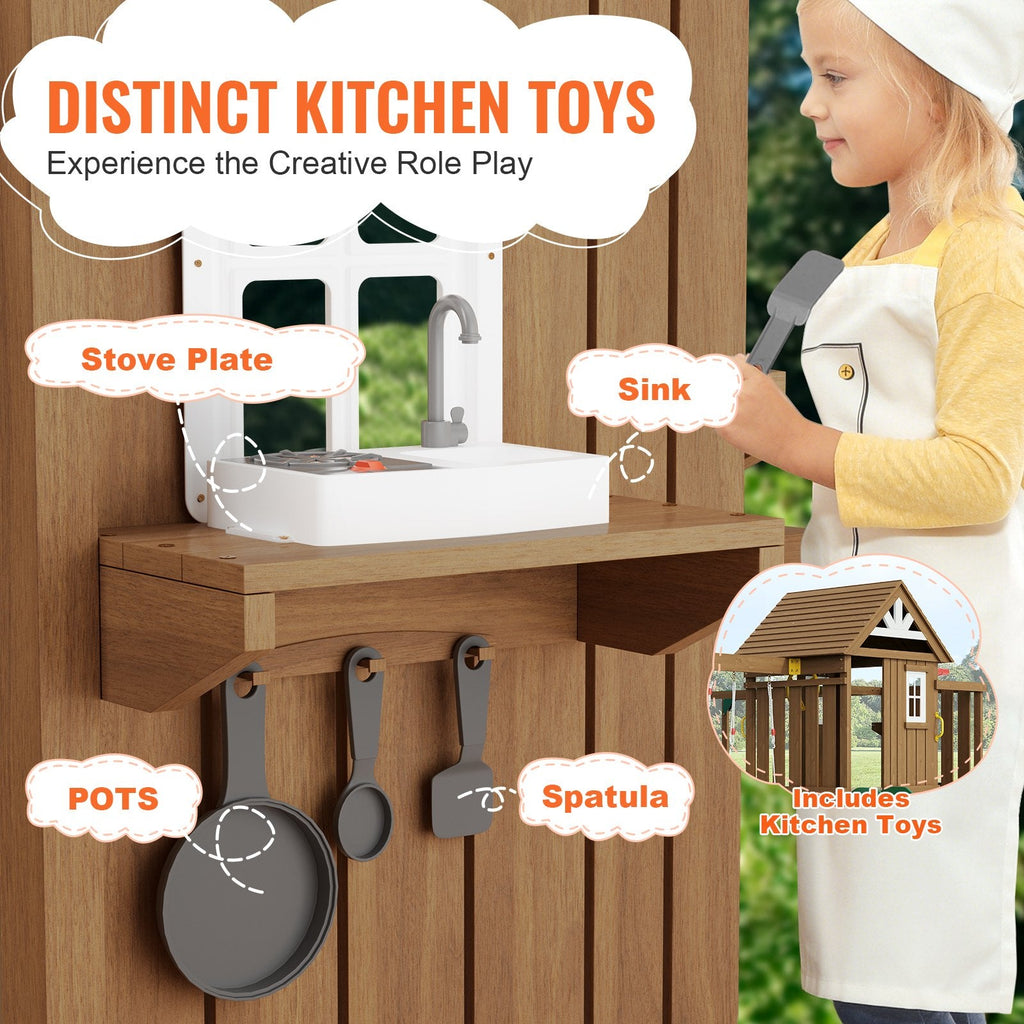 10 - in - 1 Wooden Swing Set for Backyard | Cedar Playset with Slide, Fort, Sandbox, Scaling Ladder & Kitchen Toys - Hippopotamus Barn
