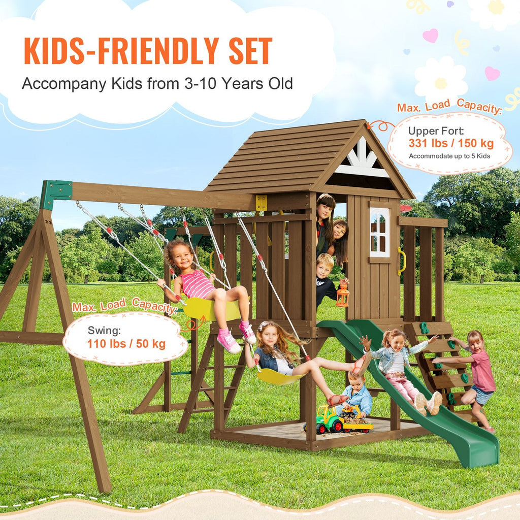 10 - in - 1 Wooden Swing Set for Backyard | Cedar Playset with Slide, Fort, Sandbox, Scaling Ladder & Kitchen Toys - Hippopotamus Barn