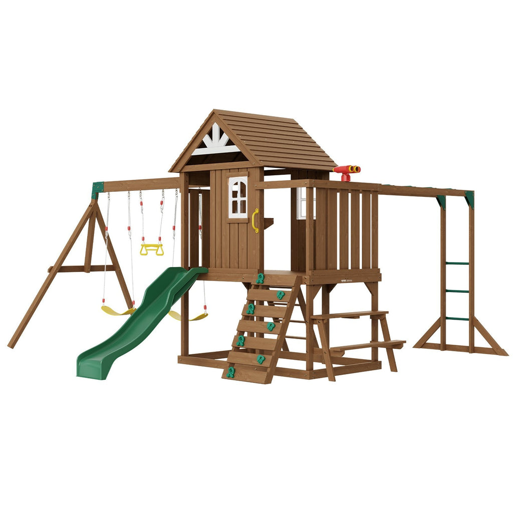10 - in - 1 Wooden Swing Set for Backyard | Cedar Playset with Slide, Fort, Sandbox, Scaling Ladder & Kitchen Toys - Hippopotamus Barn