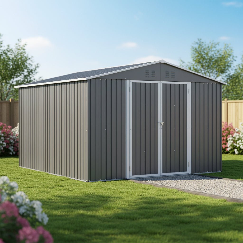 10 x 10 Ft Outdoor Metal Storage Shed – Lockable Door, Gable Roof, 100 Sq Ft | Gray | Backyard, Garden - Hippopotamus Barn