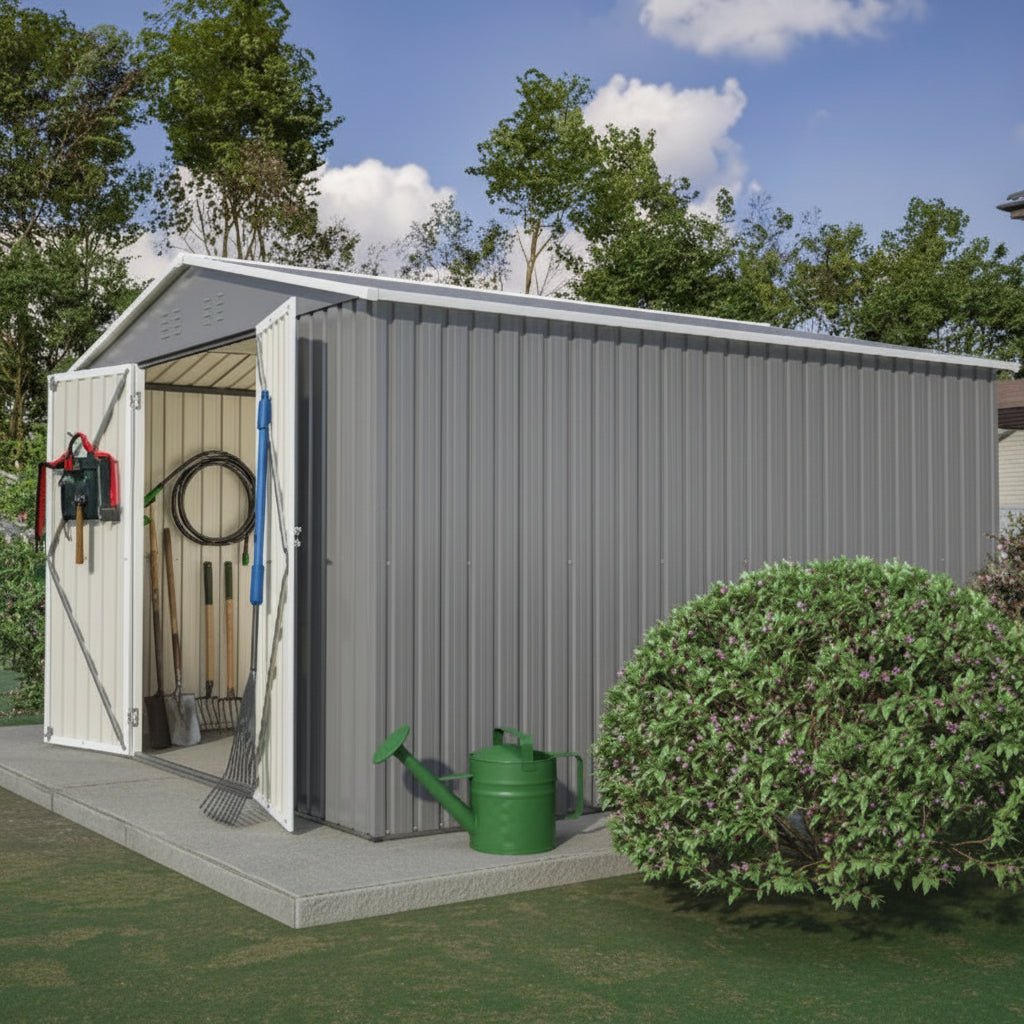 10 x 10 Ft Outdoor Metal Storage Shed – Lockable Door, Gable Roof, 100 Sq Ft | Gray | Backyard, Garden - Hippopotamus Barn