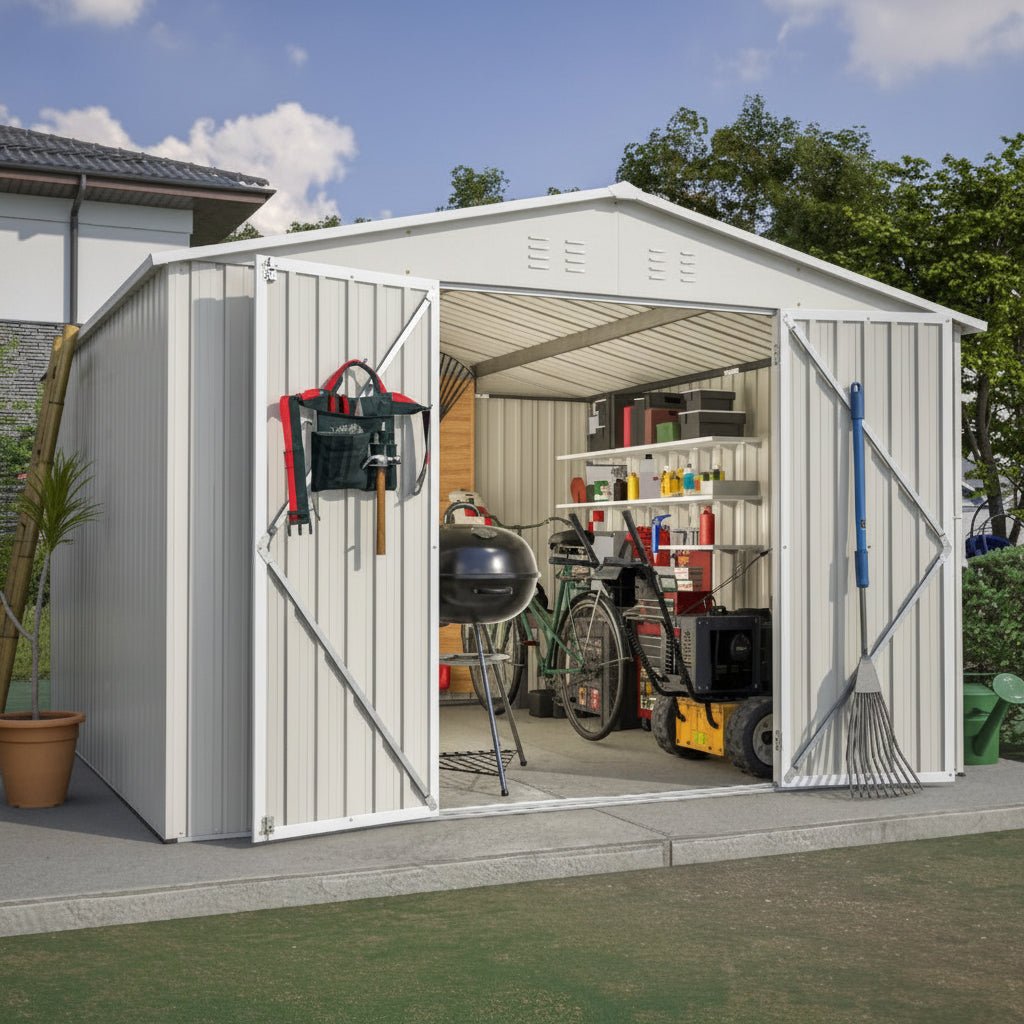10 x 10 Ft Outdoor Metal Storage Shed – Lockable Door, Gable Roof, 100 Sq Ft | Gray | Backyard, Garden - Hippopotamus Barn