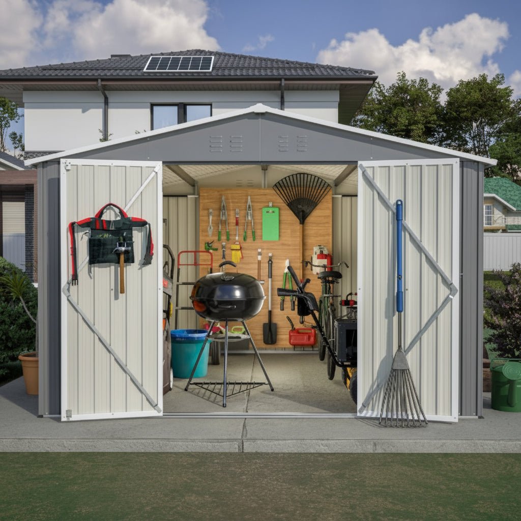 10 x 10 Ft Outdoor Metal Storage Shed – Lockable Door, Gable Roof, 100 Sq Ft | Gray | Backyard, Garden - Hippopotamus Barn