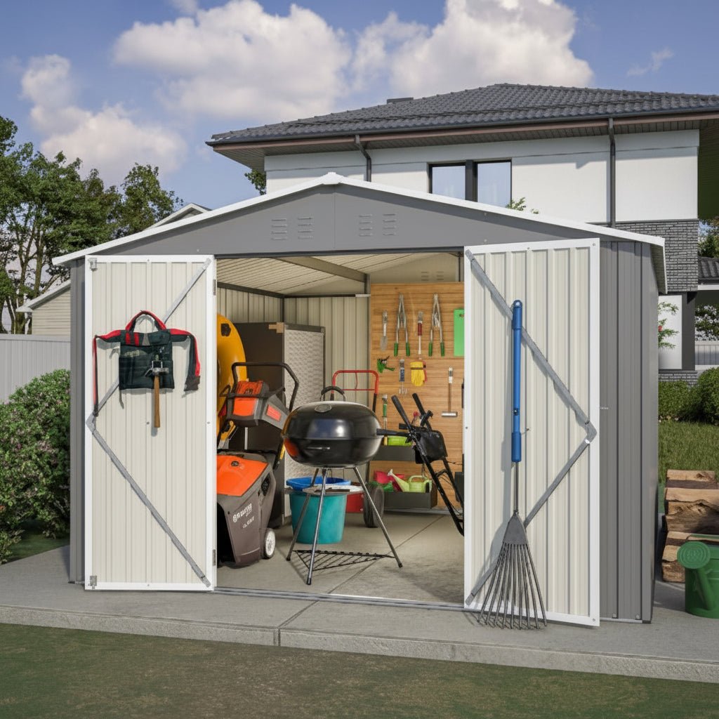 10 x 10 Ft Outdoor Metal Storage Shed – Lockable Door, Gable Roof, 100 Sq Ft | Gray | Backyard, Garden - Hippopotamus Barn