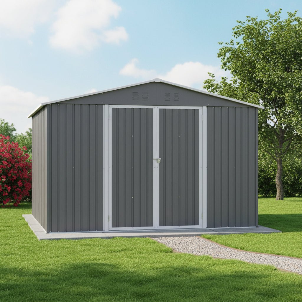 10 x 10 Ft Outdoor Metal Storage Shed – Lockable Door, Gable Roof, 100 Sq Ft | Gray | Backyard, Garden - Hippopotamus Barn