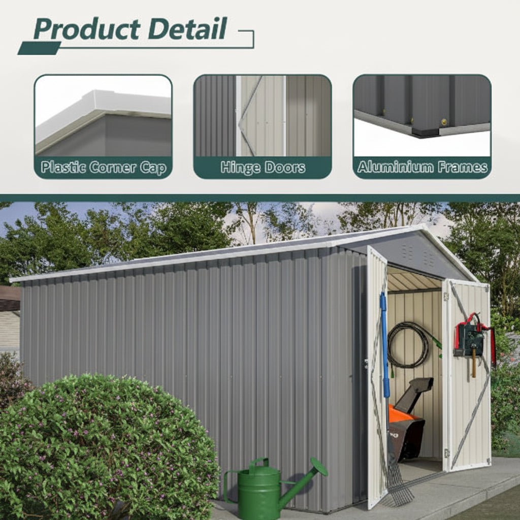10 x 10 Ft Outdoor Metal Storage Shed – Lockable Door, Gable Roof, 100 Sq Ft | Gray | Backyard, Garden - Hippopotamus Barn