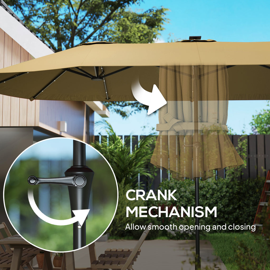 13 ft Double - Sided Patio Umbrella with Solar LED Lights | Crank Open | UPF30+ | Garden, Pool & Yard | Khaki - Hippopotamus Barn