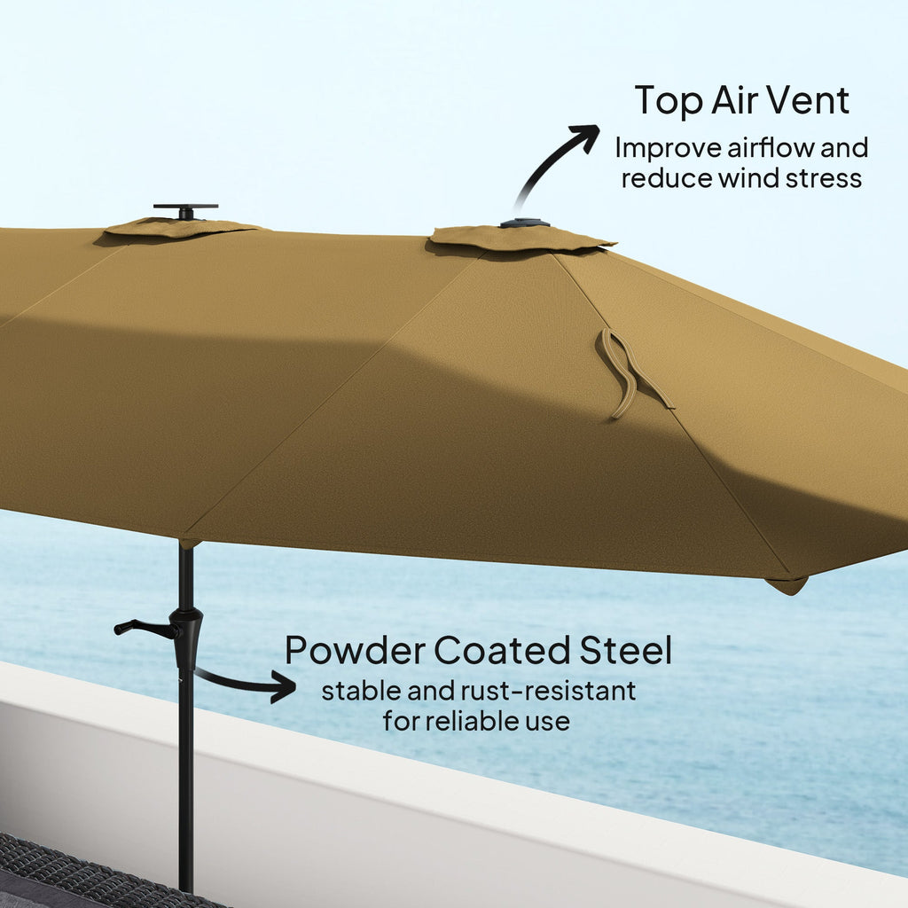 13 ft Double - Sided Patio Umbrella with Solar LED Lights | Crank Open | UPF30+ | Garden, Pool & Yard | Khaki - Hippopotamus Barn
