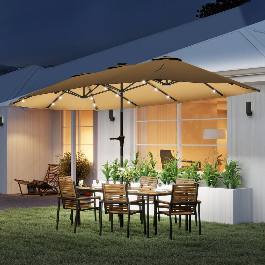 13 ft Double - Sided Patio Umbrella with Solar LED Lights | Crank Open | UPF30+ | Garden, Pool & Yard | Khaki - Hippopotamus Barn