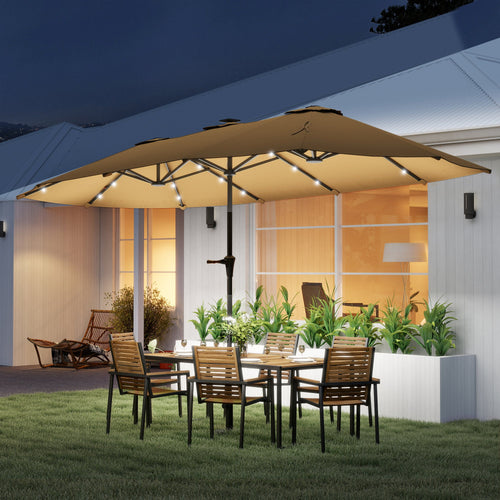 13 ft Double - Sided Patio Umbrella with Solar LED Lights | Crank Open | UPF30+ | Garden, Pool & Yard | Khaki - Hippopotamus Barn