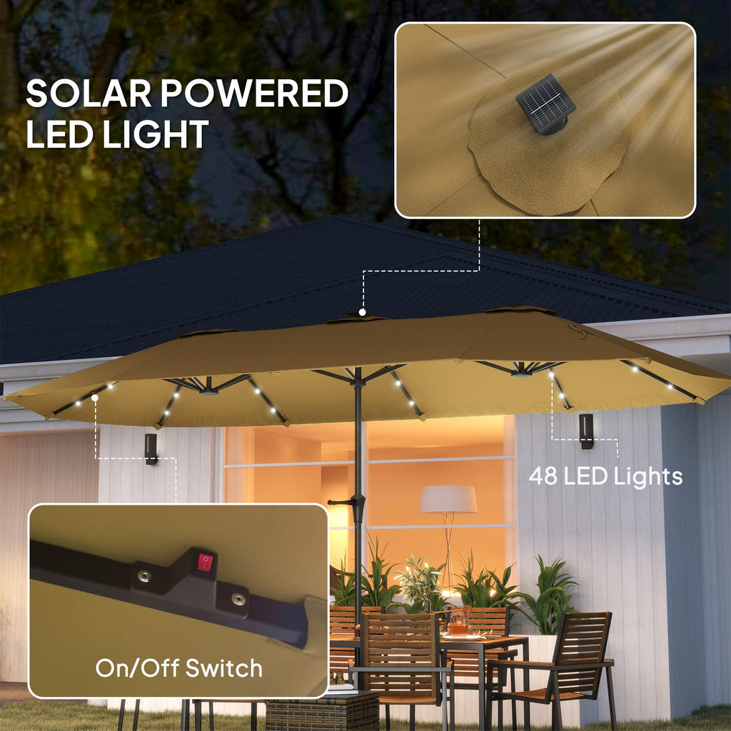 13 ft Double - Sided Patio Umbrella with Solar LED Lights | Crank Open | UPF30+ | Garden, Pool & Yard | Khaki - Hippopotamus Barn