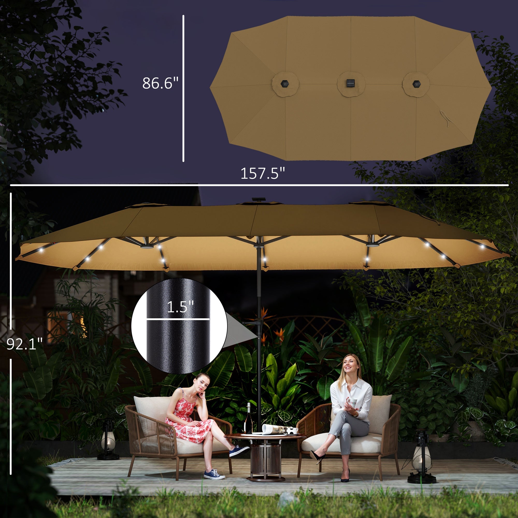 13 ft Double - Sided Patio Umbrella with Solar LED Lights | Crank Open | UPF30+ | Garden, Pool & Yard | Khaki - Hippopotamus Barn