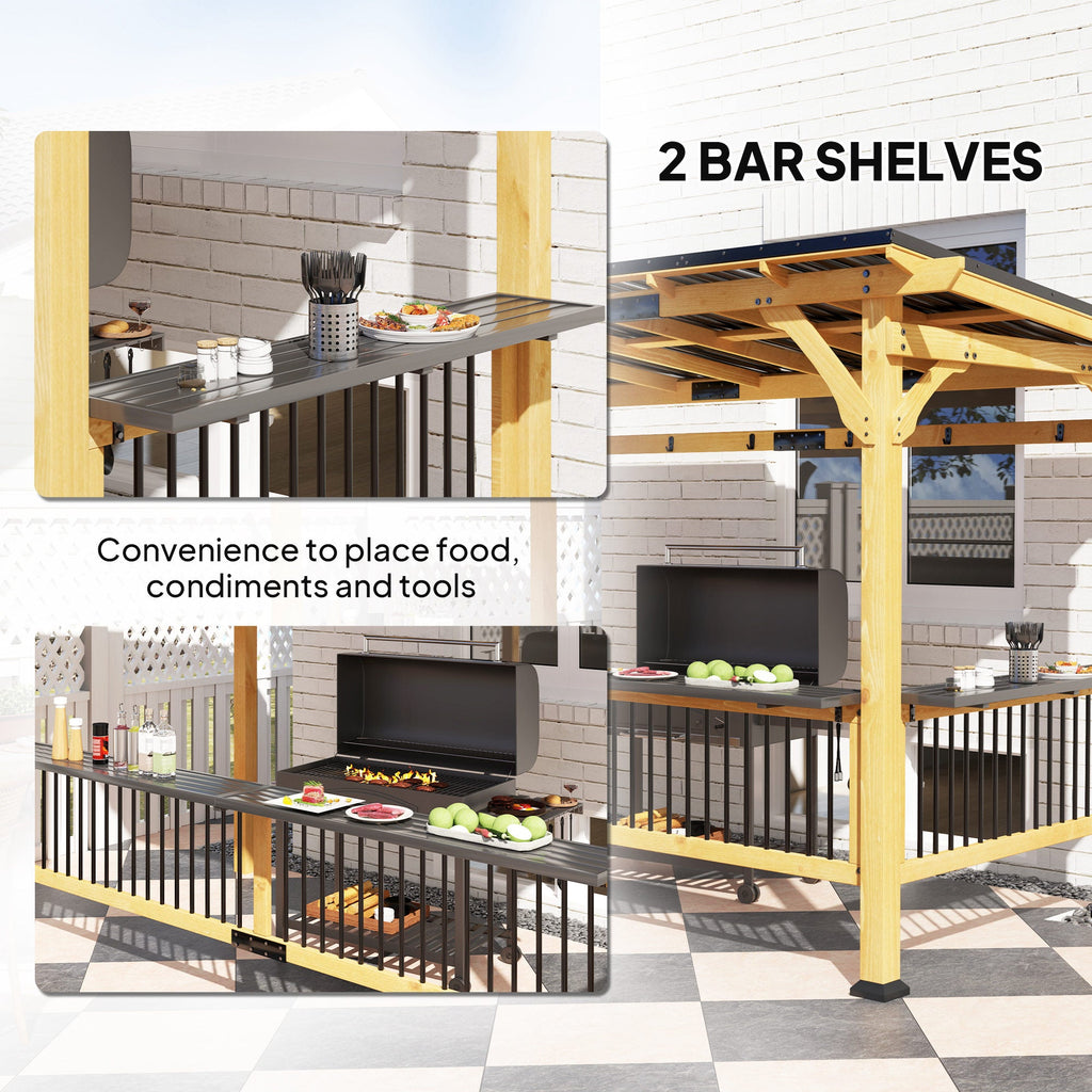 13' x 6' Wooden BBQ Grill Gazebo | Metal Hardtop Roof, 2 Bar Shelves & 6 Hooks | UV & Rain Protection | Natural Wood - Hippopotamus Barn