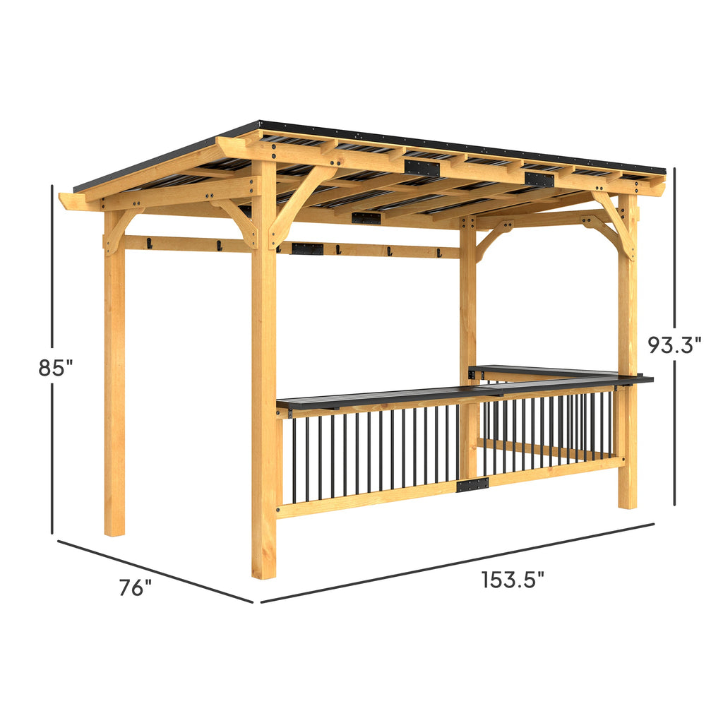 13' x 6' Wooden BBQ Grill Gazebo | Metal Hardtop Roof, 2 Bar Shelves & 6 Hooks | UV & Rain Protection | Natural Wood - Hippopotamus Barn