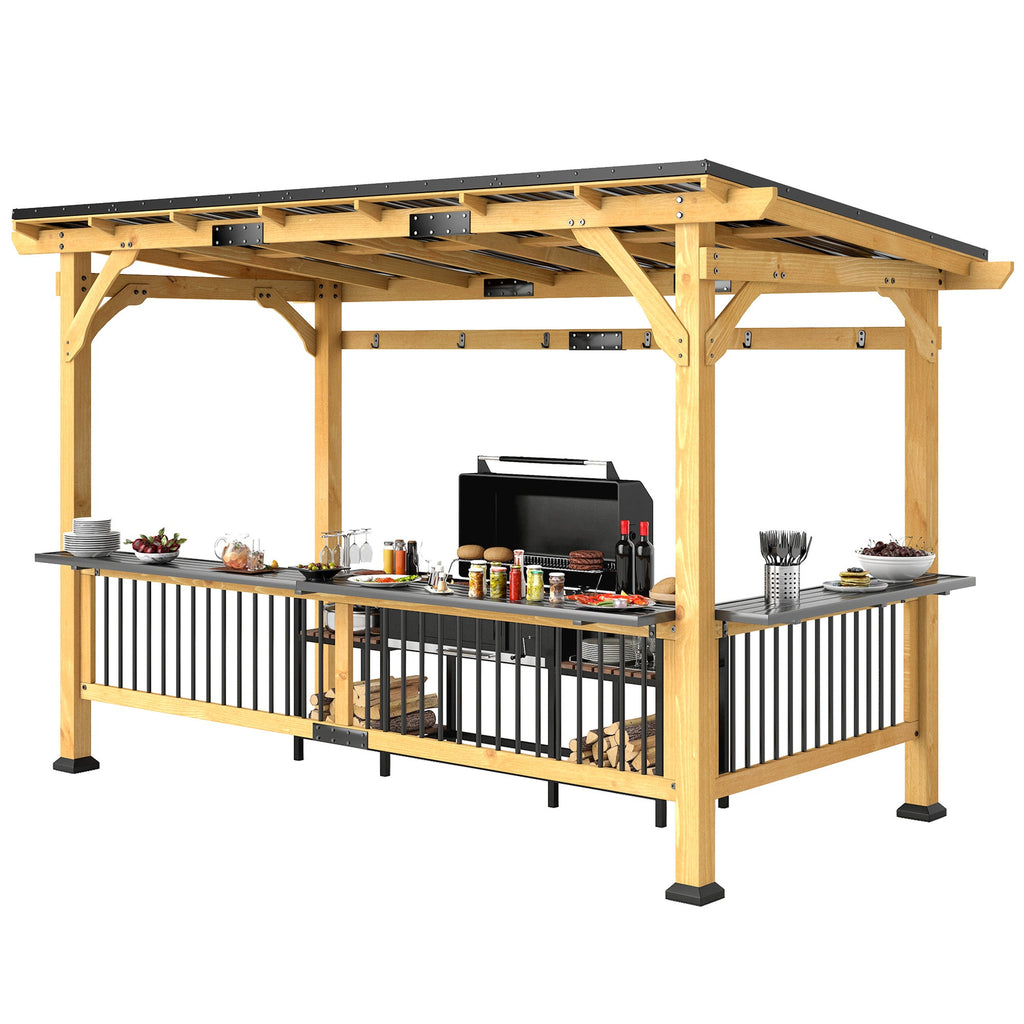 13' x 6' Wooden BBQ Grill Gazebo | Metal Hardtop Roof, 2 Bar Shelves & 6 Hooks | UV & Rain Protection | Natural Wood - Hippopotamus Barn