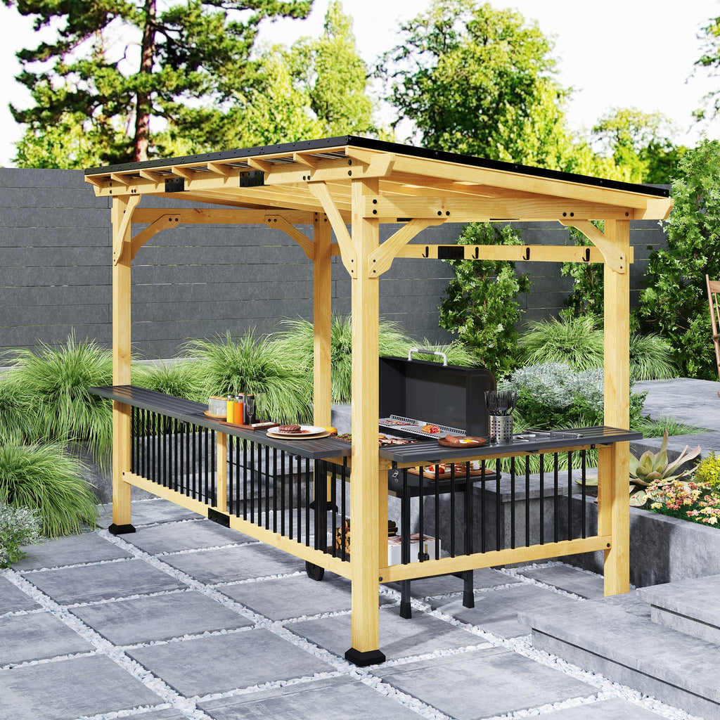 13' x 6' Wooden BBQ Grill Gazebo | Metal Hardtop Roof, 2 Bar Shelves & 6 Hooks | UV & Rain Protection | Natural Wood - Hippopotamus Barn