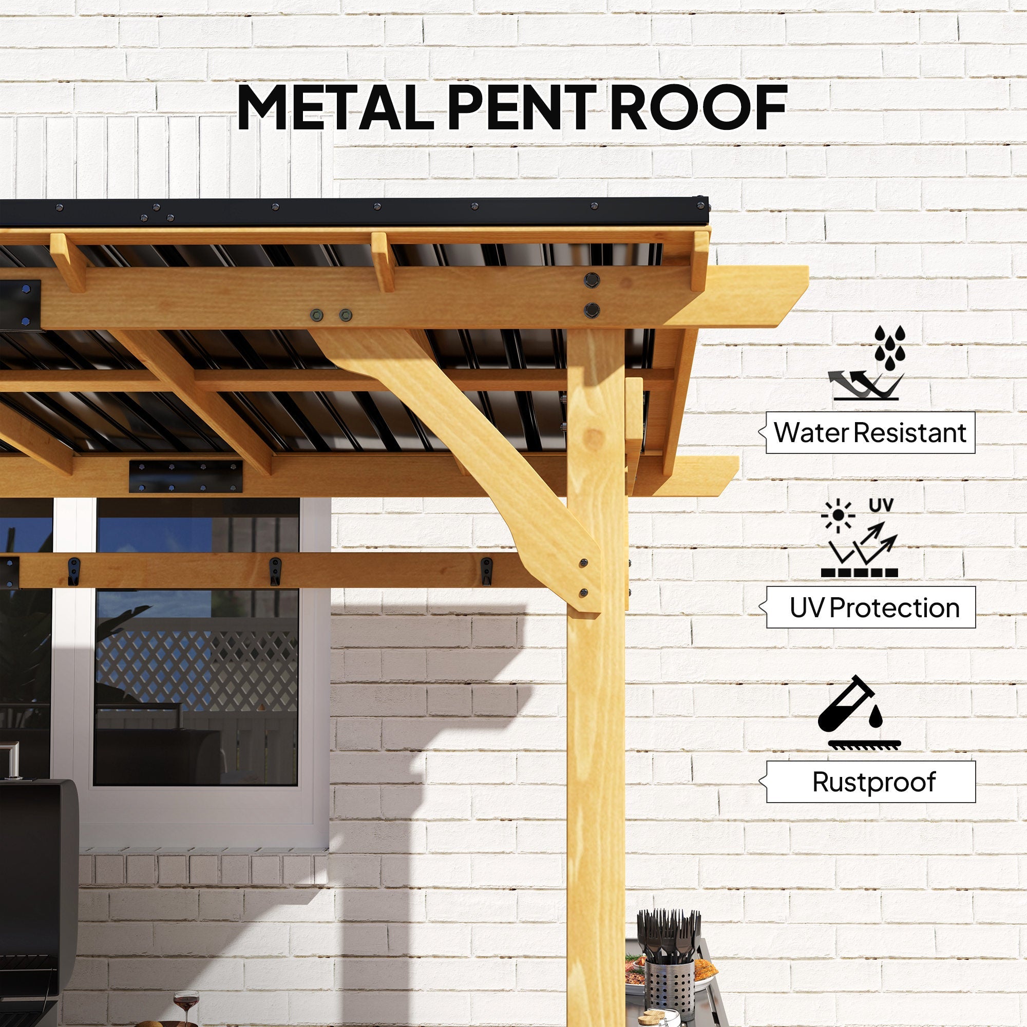13' x 6' Wooden BBQ Grill Gazebo | Metal Hardtop Roof, 2 Bar Shelves & 6 Hooks | UV & Rain Protection | Natural Wood - Hippopotamus Barn