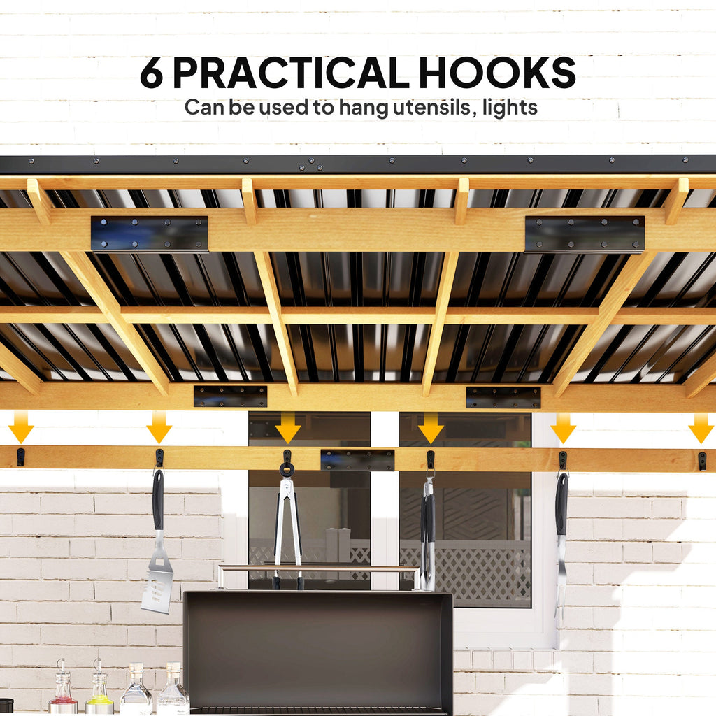 13' x 6' Wooden BBQ Grill Gazebo | Metal Hardtop Roof, 2 Bar Shelves & 6 Hooks | UV & Rain Protection | Natural Wood - Hippopotamus Barn