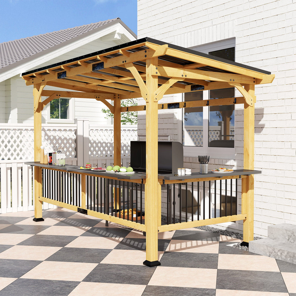 13' x 6' Wooden BBQ Grill Gazebo | Metal Hardtop Roof, 2 Bar Shelves & 6 Hooks | UV & Rain Protection | Natural Wood - Hippopotamus Barn