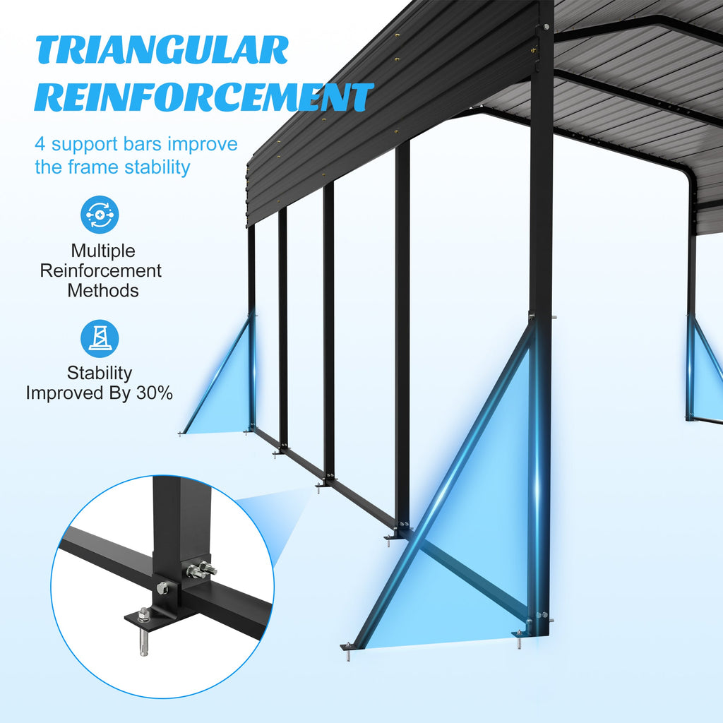 13x20 FT Heavy - Duty Metal Carport | Galvanized Steel Hardtop Roof | Triangle - Reinforced Frame | Car, Truck & Boat Shelter - Hippopotamus Barn