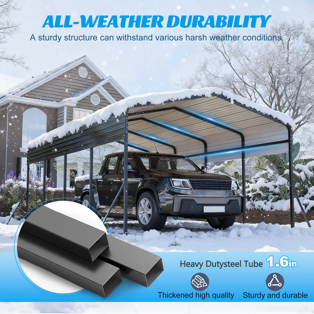 13x20 FT Heavy - Duty Metal Carport | Galvanized Steel Hardtop Roof | Triangle - Reinforced Frame | Car, Truck & Boat Shelter - Hippopotamus Barn