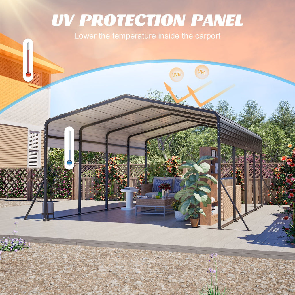 13x20 FT Heavy - Duty Metal Carport | Galvanized Steel Hardtop Roof | Triangle - Reinforced Frame | Car, Truck & Boat Shelter - Hippopotamus Barn