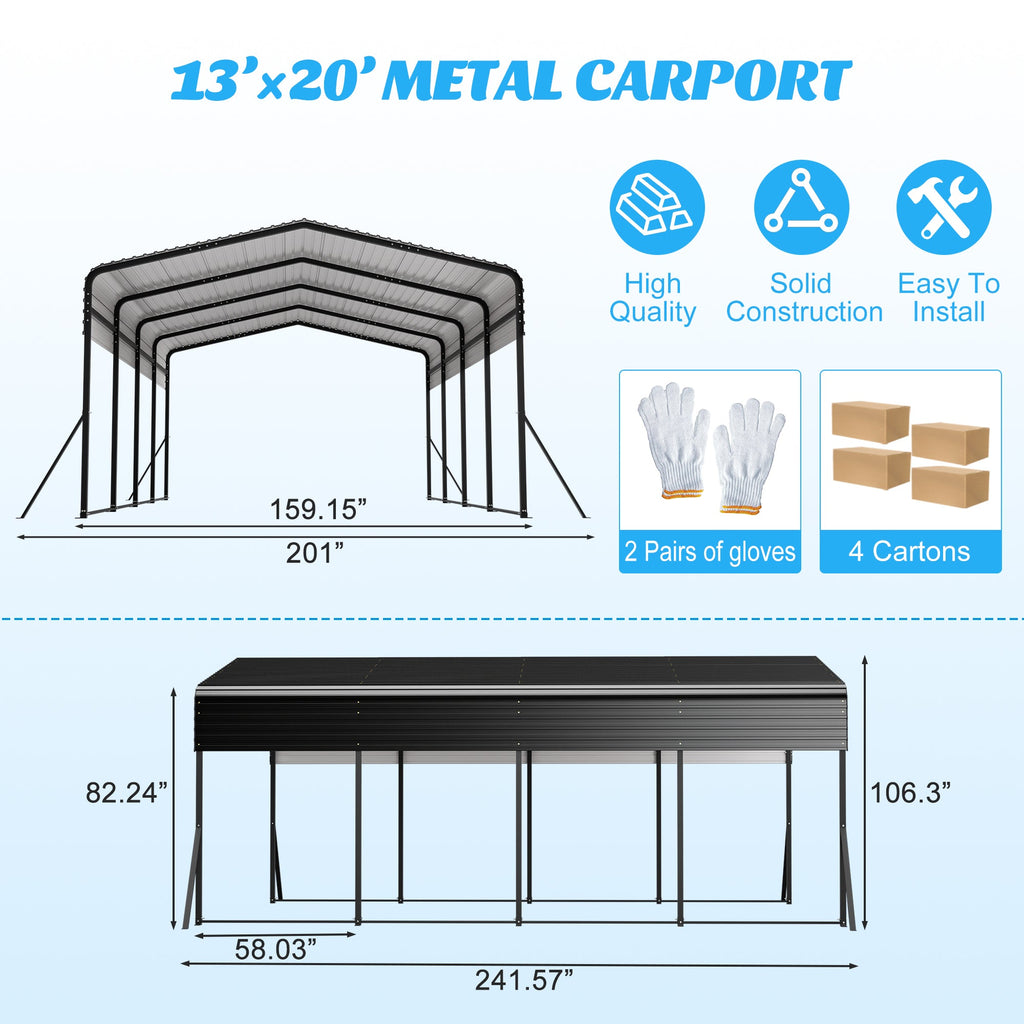 13x20 FT Heavy - Duty Metal Carport | Galvanized Steel Hardtop Roof | Triangle - Reinforced Frame | Car, Truck & Boat Shelter - Hippopotamus Barn