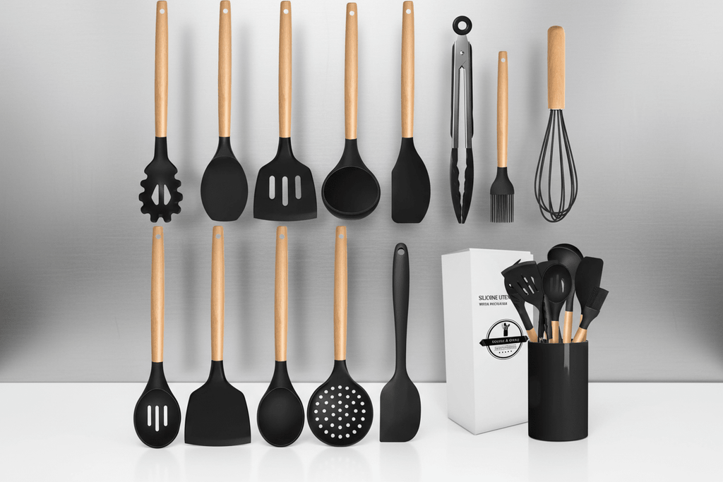 14 - Piece Silicone Kitchen Utensil Set - Heat Resistant Cooking Tools with Bamboo Handles, Non - Stick Safe - Hippopotamus Barn