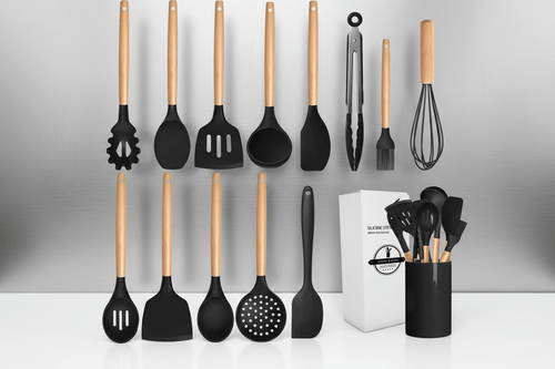 14 - Piece Silicone Kitchen Utensil Set - Heat Resistant Cooking Tools with Bamboo Handles, Non - Stick Safe - Hippopotamus Barn