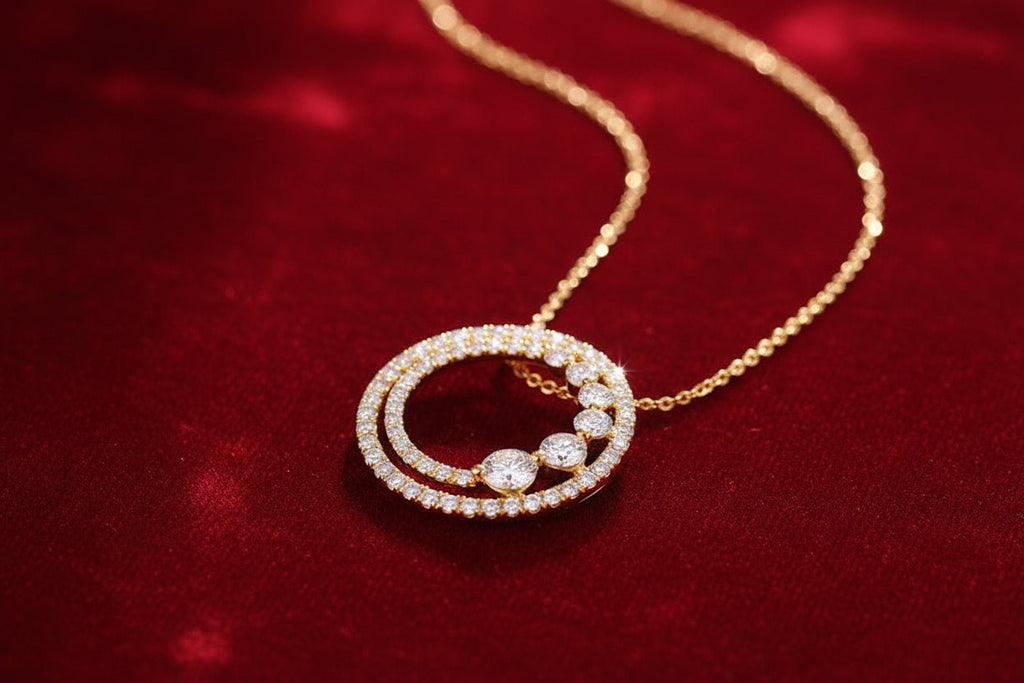 18K Gold Diamond Round Pendant Necklace – Rose Gold & Yellow Gold | O - Chain, 41–50cm - Hippopotamus Barn