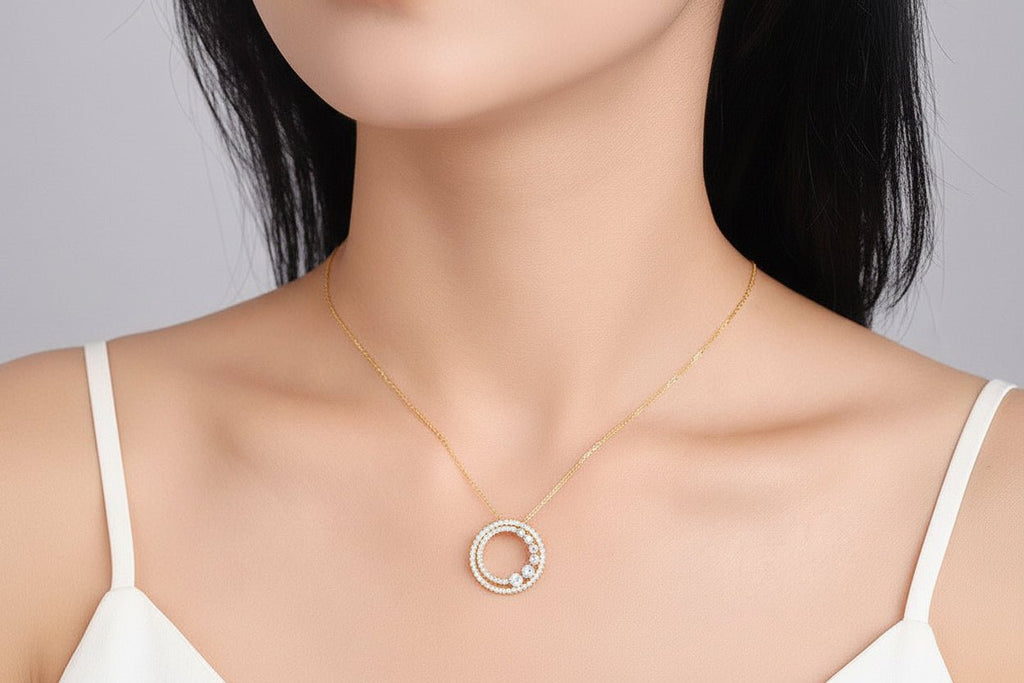 18K Gold Diamond Round Pendant Necklace – Rose Gold & Yellow Gold | O - Chain, 41–50cm - Hippopotamus Barn