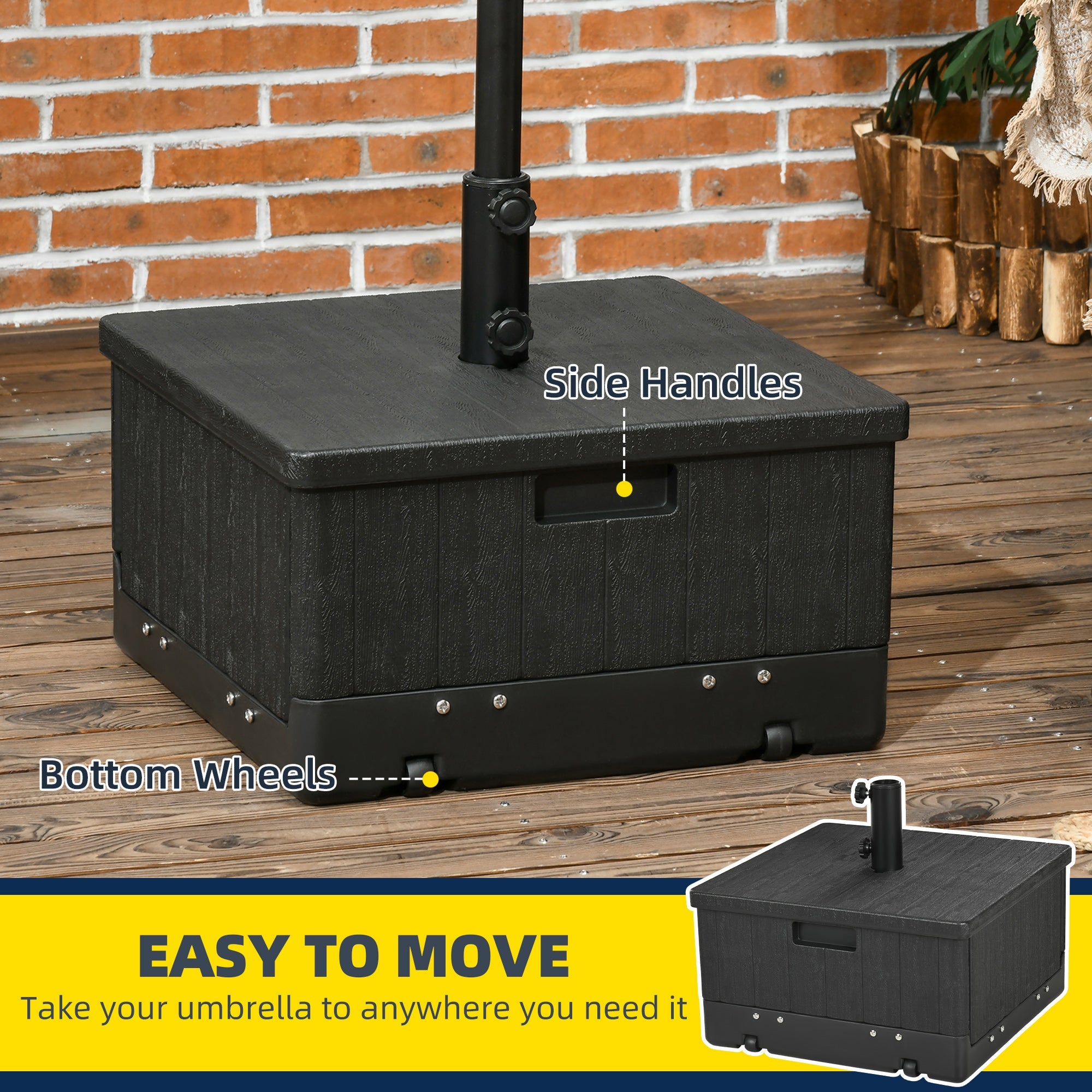 3 - in - 1 Patio Umbrella Base Stand with Wheels | Coffee Table & Flower Box Planter | 175 lbs Sand Weight | Black - Hippopotamus Barn