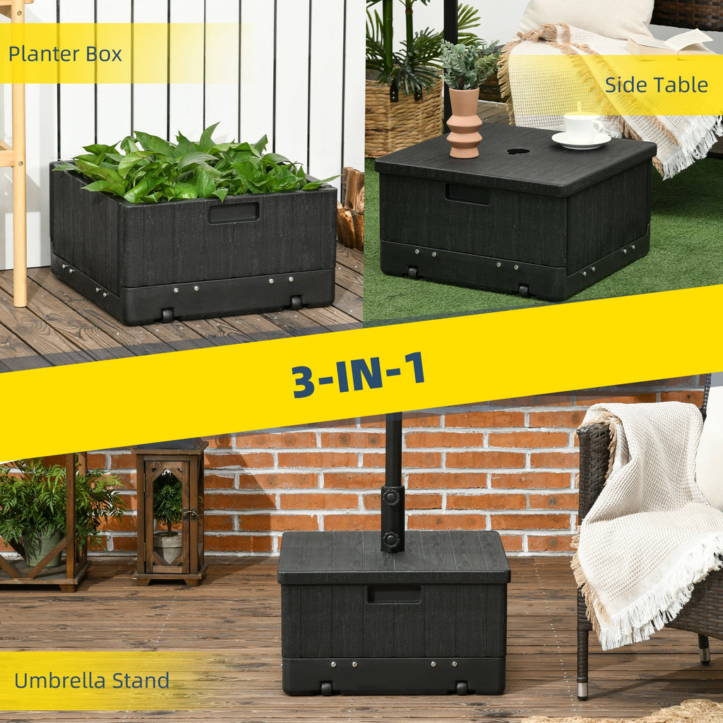 3 - in - 1 Patio Umbrella Base Stand with Wheels | Coffee Table & Flower Box Planter | 175 lbs Sand Weight | Black - Hippopotamus Barn