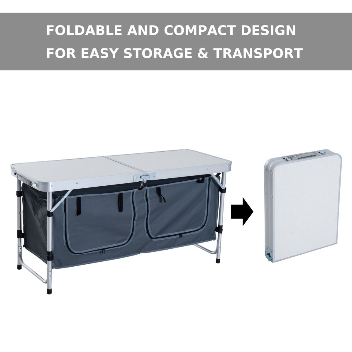 Lightweight Camping Table | Adjustable Height, Folding Picnic Table with Organizer & Carry Handle | White - Hippopotamus Barn