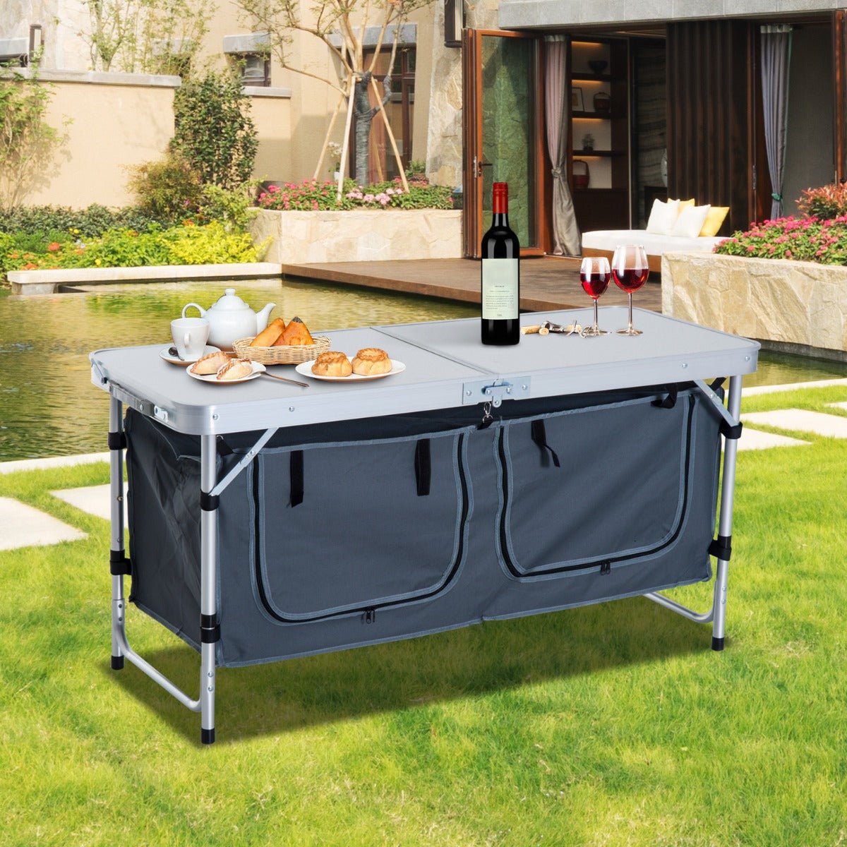 Lightweight Camping Table | Adjustable Height, Folding Picnic Table with Organizer & Carry Handle | White - Hippopotamus Barn