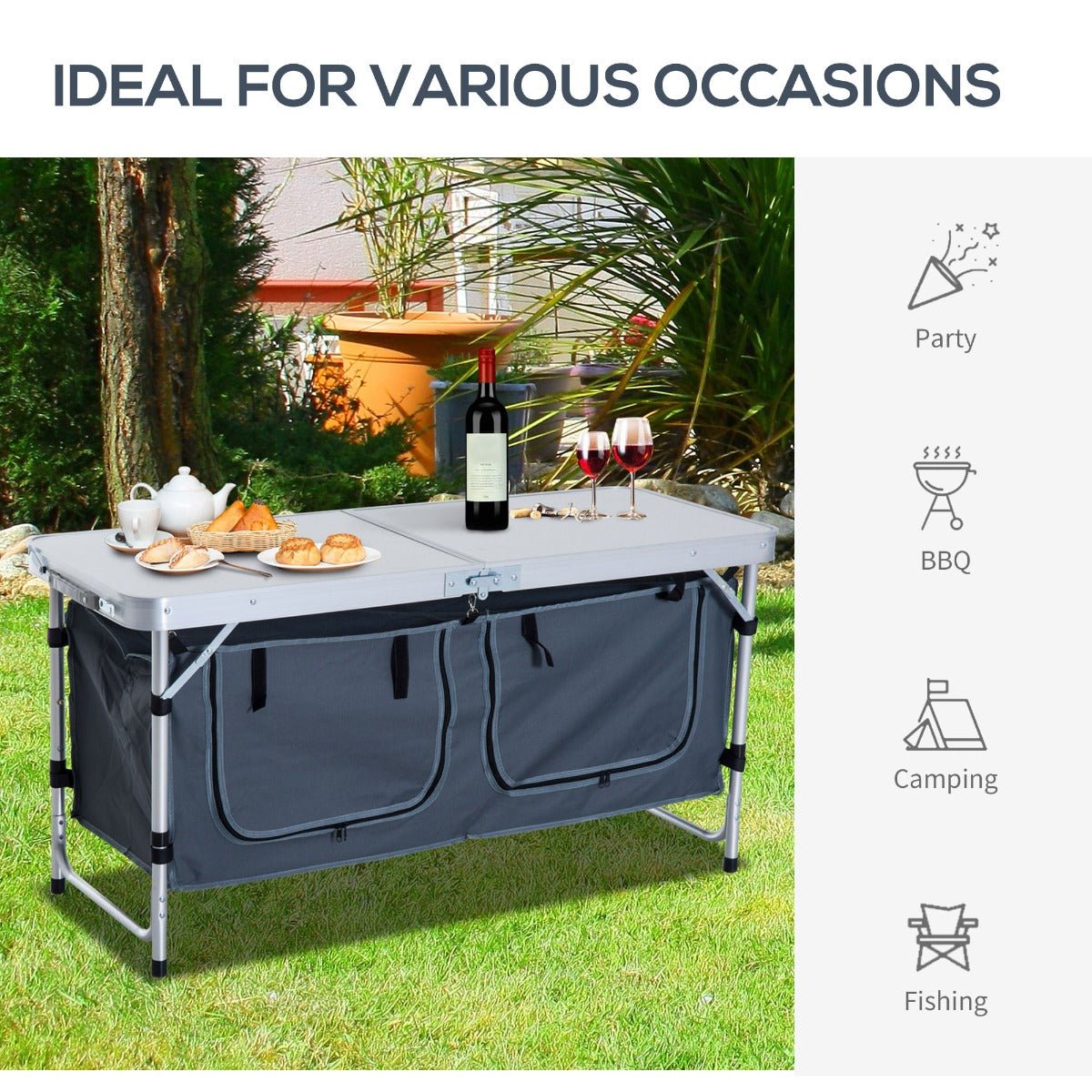 Lightweight Camping Table | Adjustable Height, Folding Picnic Table with Organizer & Carry Handle | White - Hippopotamus Barn