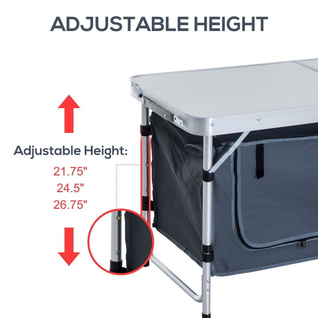 Lightweight Camping Table | Adjustable Height, Folding Picnic Table with Organizer & Carry Handle | White - Hippopotamus Barn