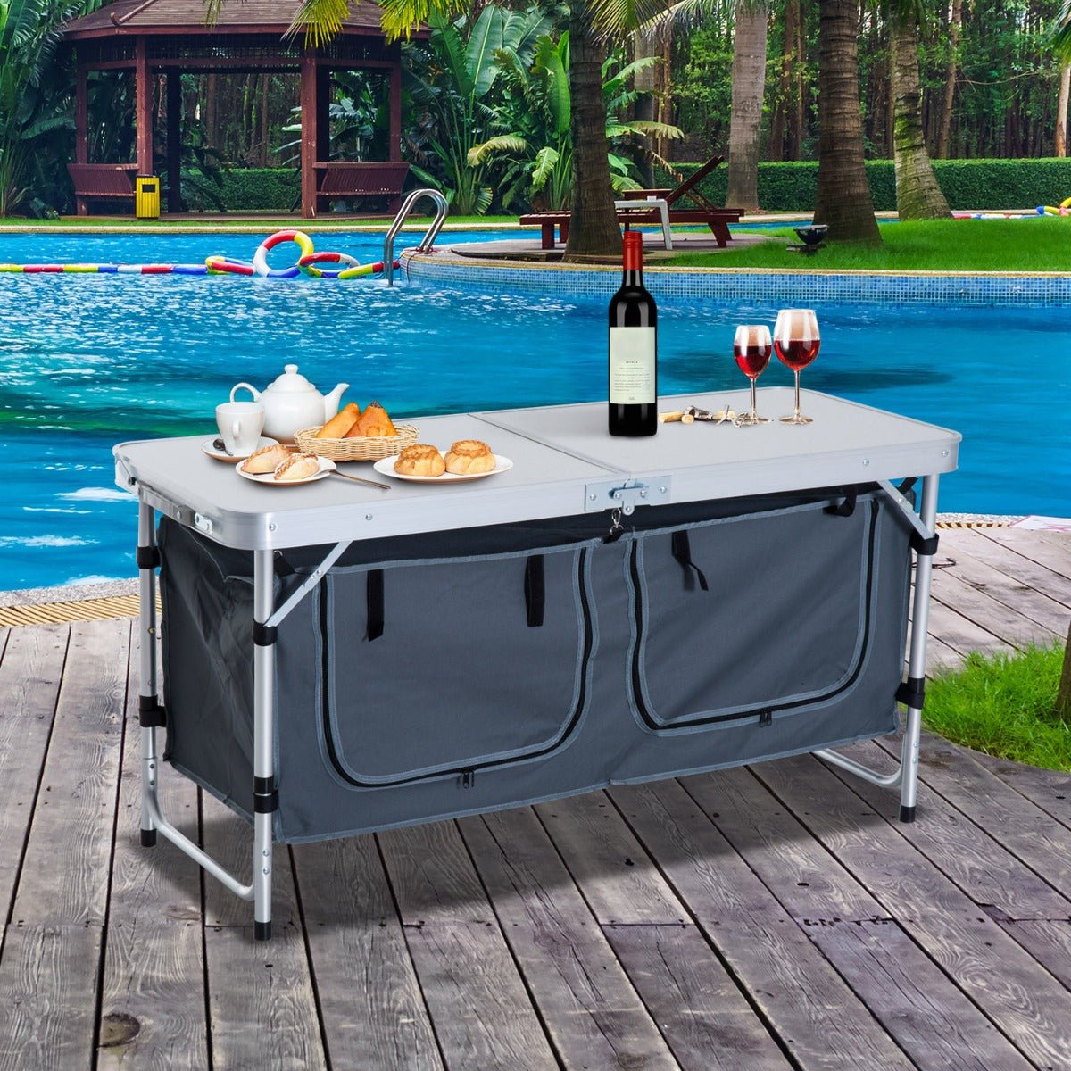 Lightweight Camping Table | Adjustable Height, Folding Picnic Table with Organizer & Carry Handle | White - Hippopotamus Barn