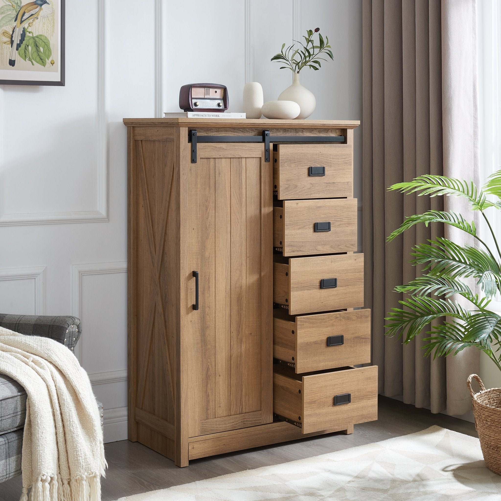 5 Drawer Dresser with Sliding Barn Door - Farmhouse Tall Chest of Drawers Oak - Hippopotamus Barn