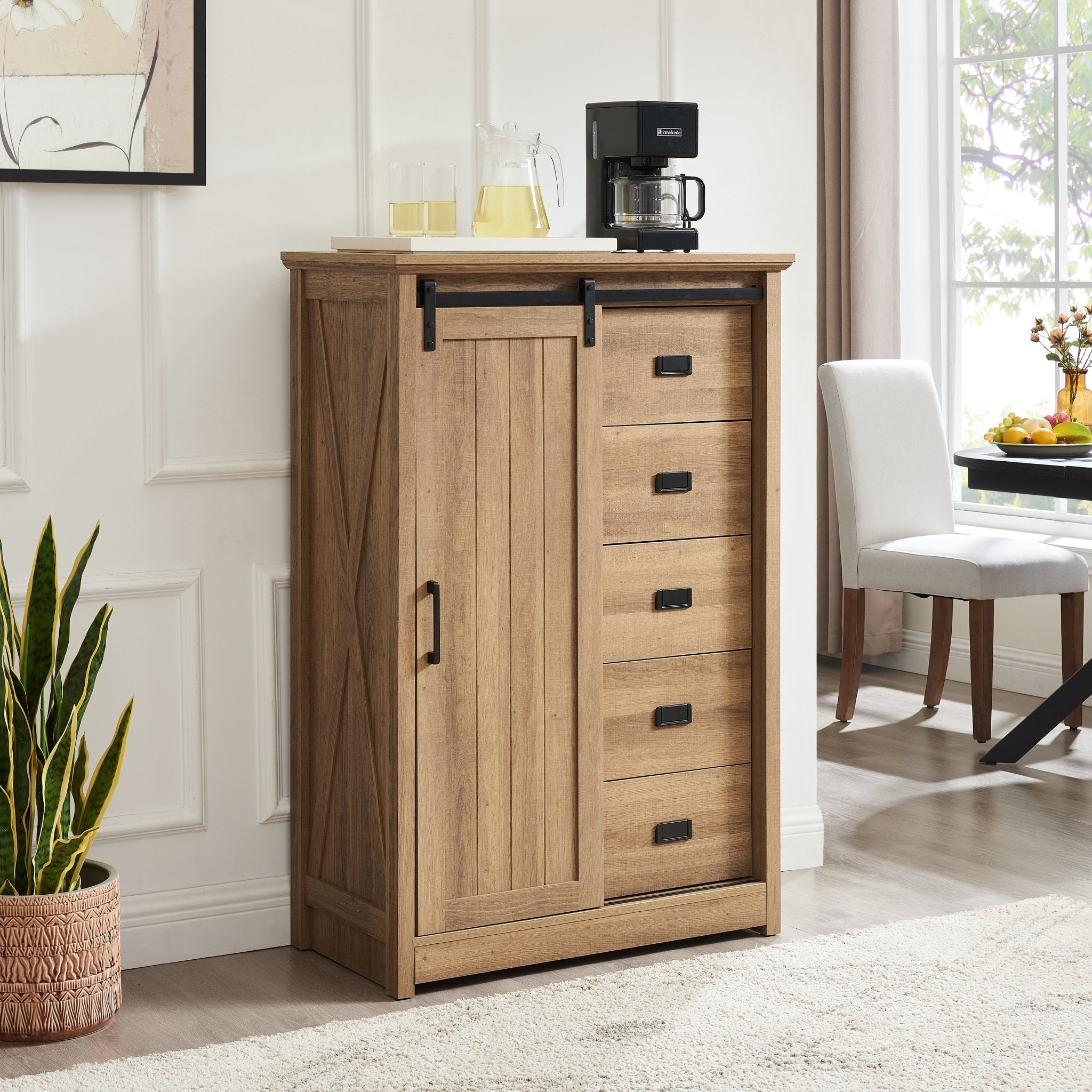 5 Drawer Dresser with Sliding Barn Door - Farmhouse Tall Chest of Drawers Oak - Hippopotamus Barn