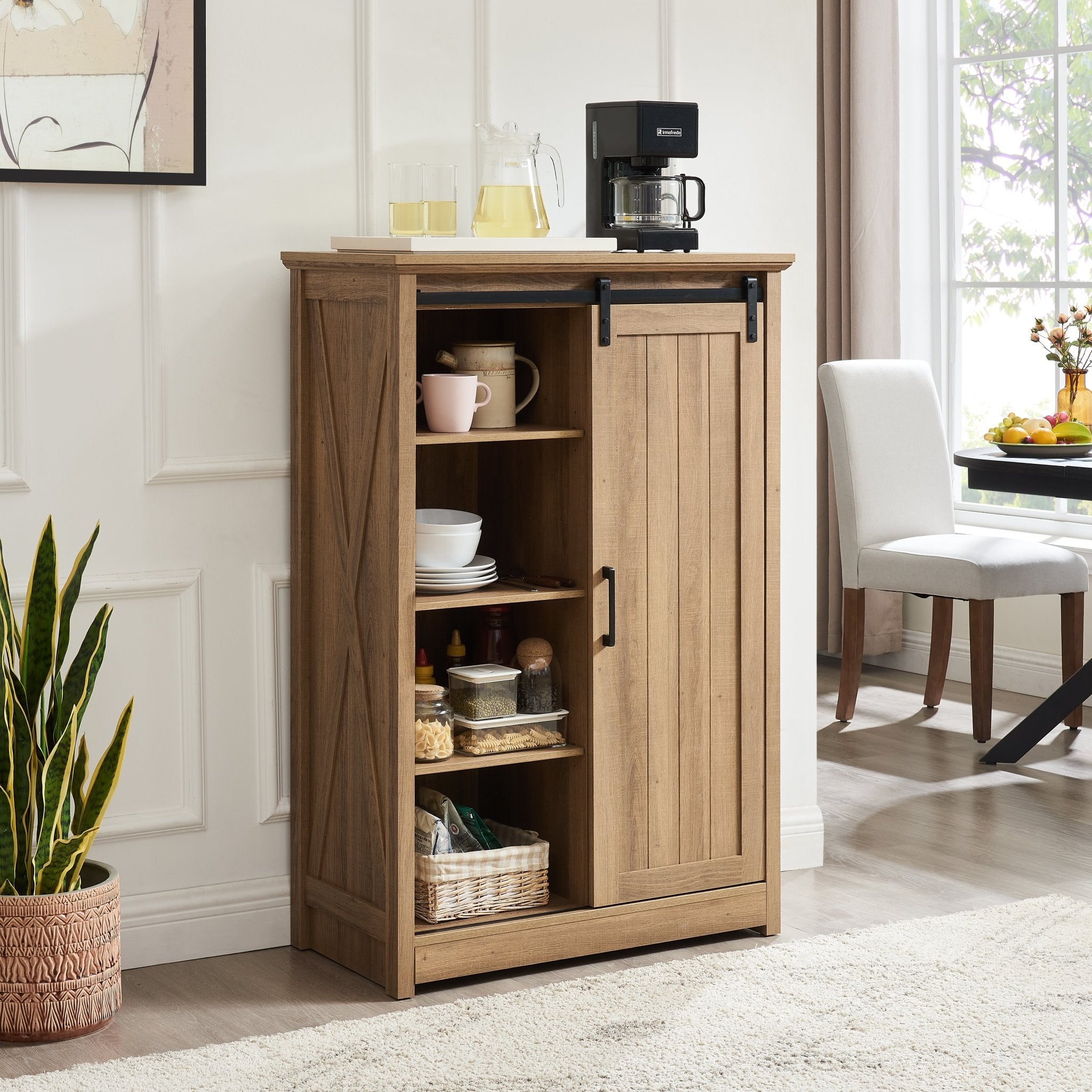 5 Drawer Dresser with Sliding Barn Door - Farmhouse Tall Chest of Drawers Oak - Hippopotamus Barn