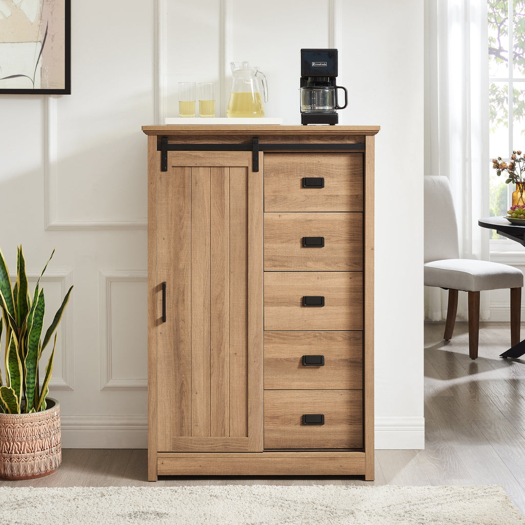 5 Drawer Dresser with Sliding Barn Door - Farmhouse Tall Chest of Drawers Oak - Hippopotamus Barn