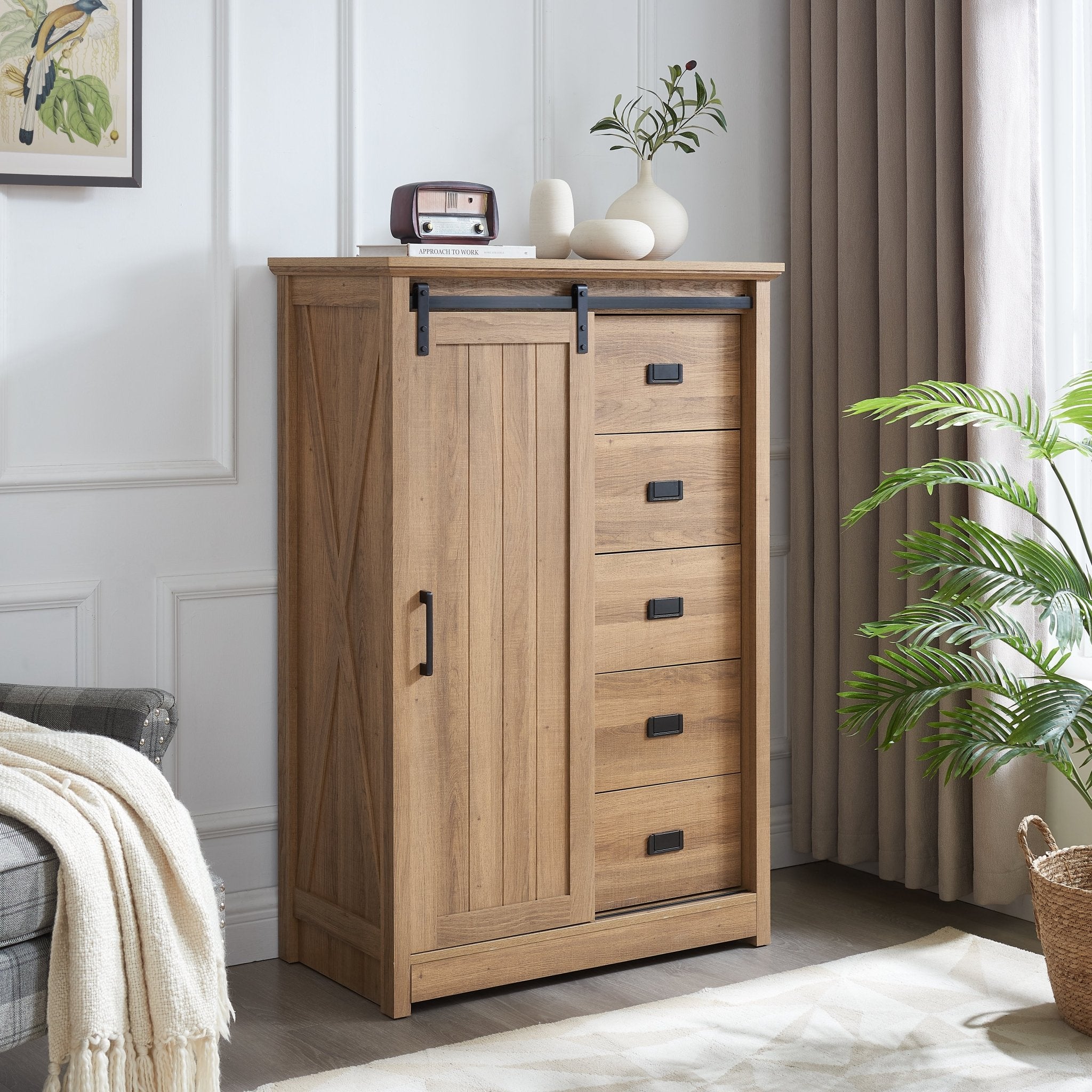 5 Drawer Dresser with Sliding Barn Door - Farmhouse Tall Chest of Drawers Oak - Hippopotamus Barn