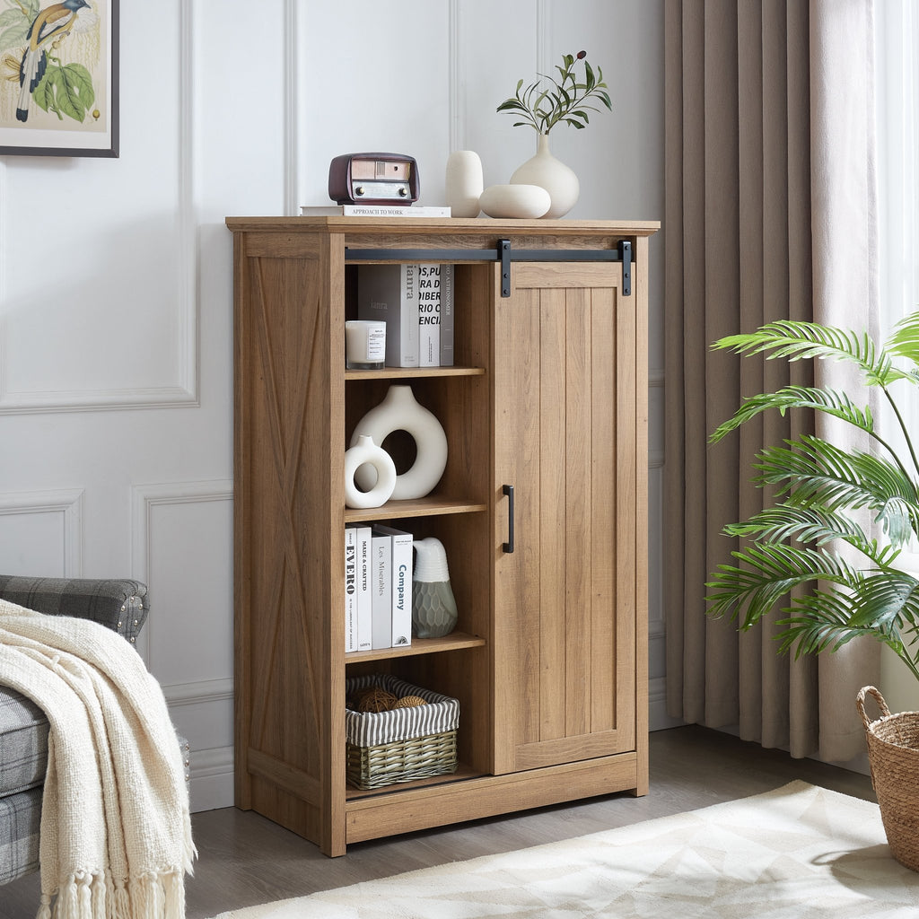5 Drawer Dresser with Sliding Barn Door - Farmhouse Tall Chest of Drawers Oak - Hippopotamus Barn
