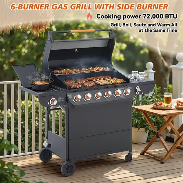 6 Burner Gas Grill with Side Burner - 72000 BTU Stainless Steel Propane BBQ Grill - Hippopotamus Barn