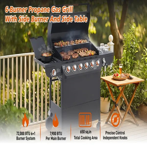 6 Burner Gas Grill with Side Burner - 72000 BTU Stainless Steel Propane BBQ Grill - Hippopotamus Barn
