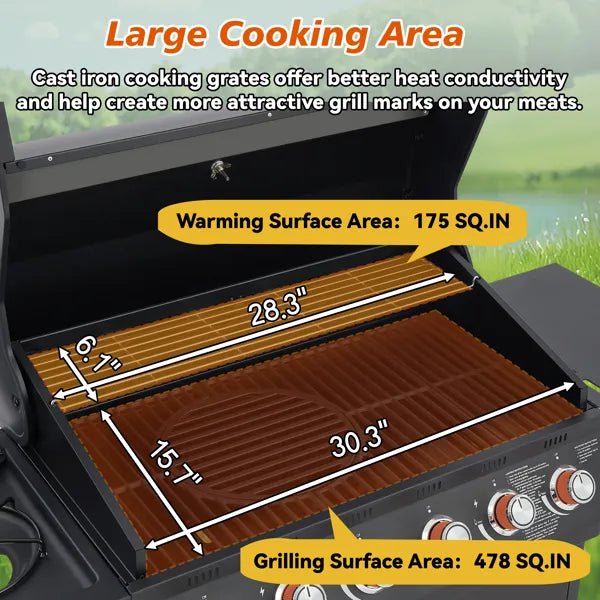 6 Burner Gas Grill with Side Burner - 72000 BTU Stainless Steel Propane BBQ Grill - Hippopotamus Barn