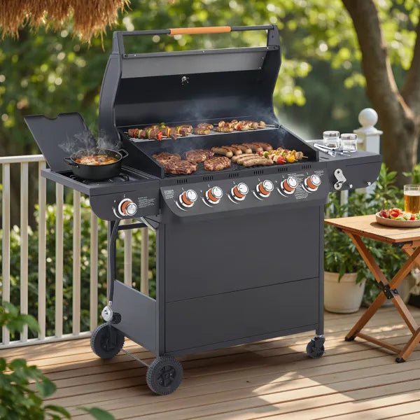 6 Burner Gas Grill with Side Burner - 72000 BTU Stainless Steel Propane BBQ Grill - Hippopotamus Barn